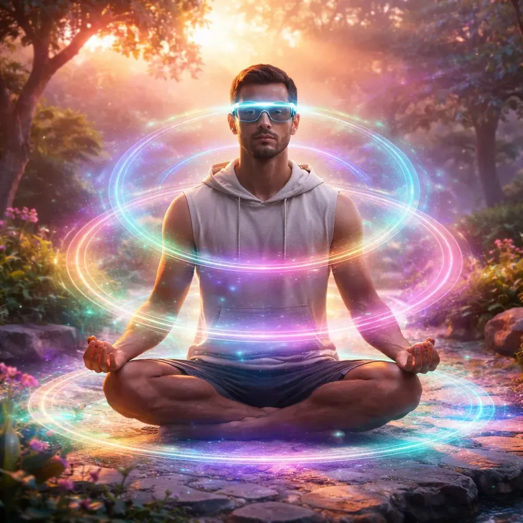 Person meditating with AR glasses showing colorful aura energy rings