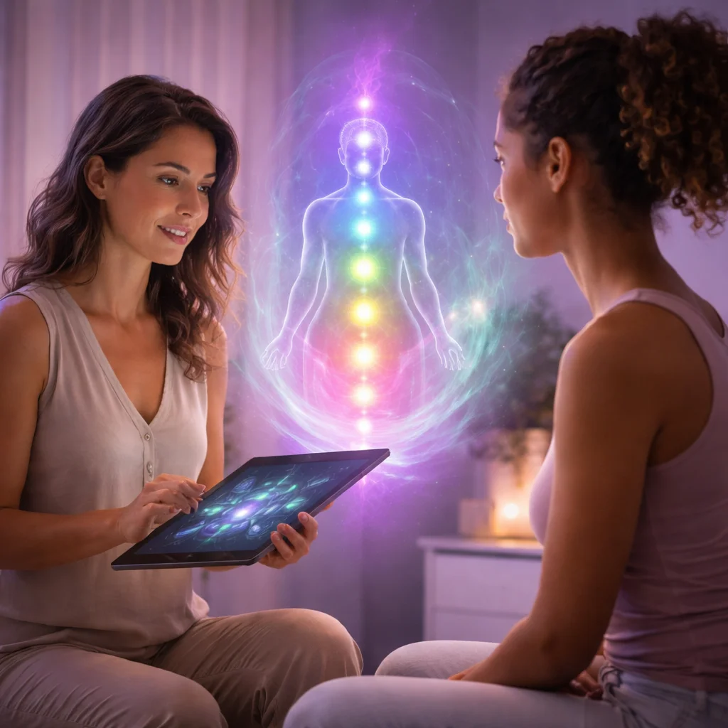 Wellness coach analyzing energy readings on a futuristic tablet