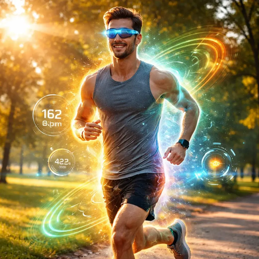 Runner with AR glasses showing real-time biometric aura overlay