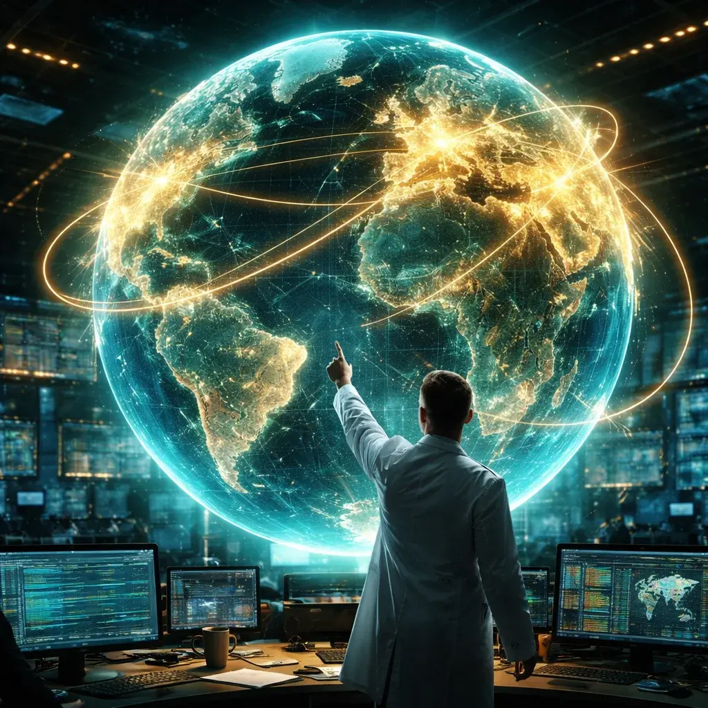 Data scientist analyzing global transaction flows on a holographic globe
