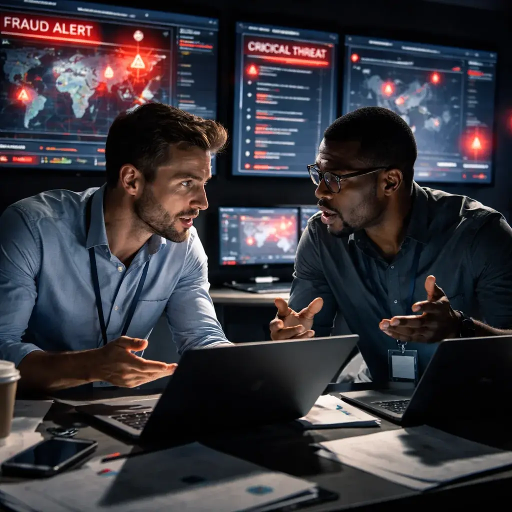 Analysts in a war room discussing fraud detection dashboards