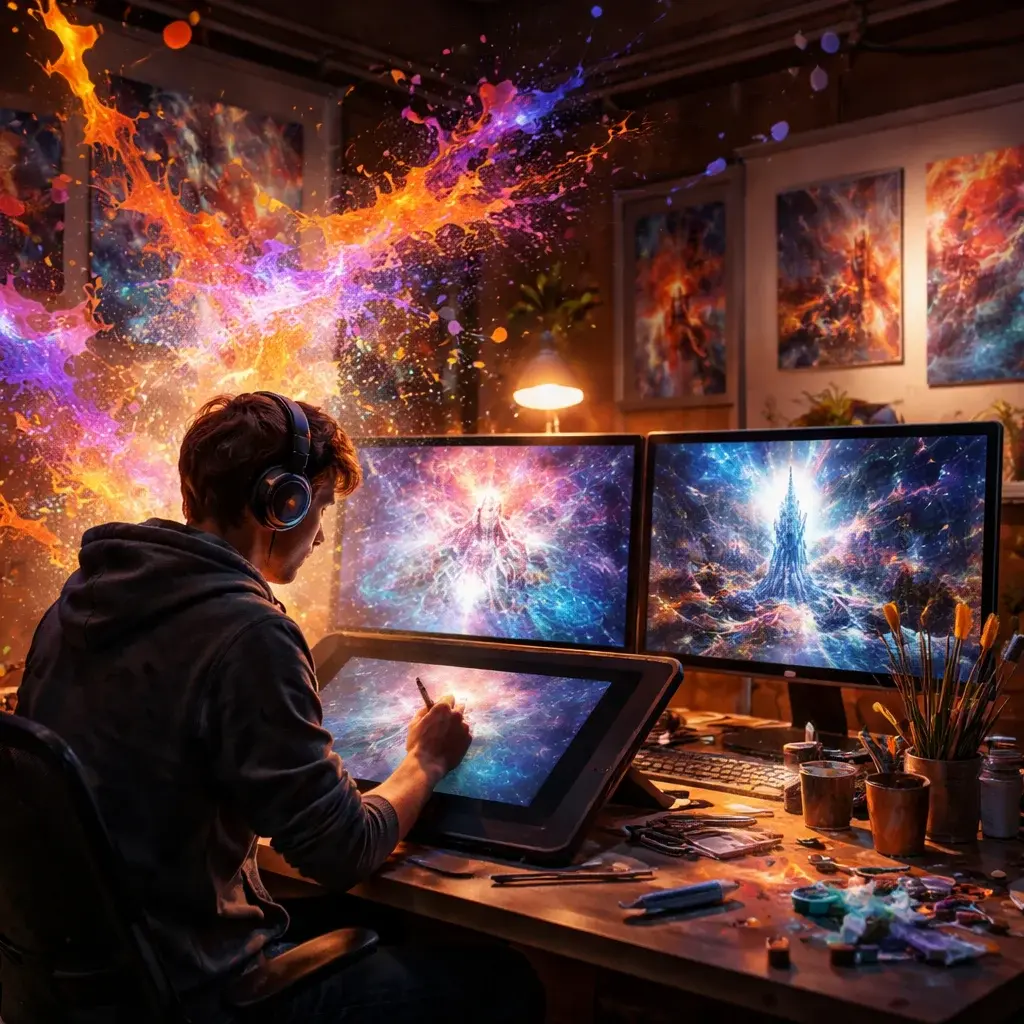 Digital artist creating AI-generated art on a tablet