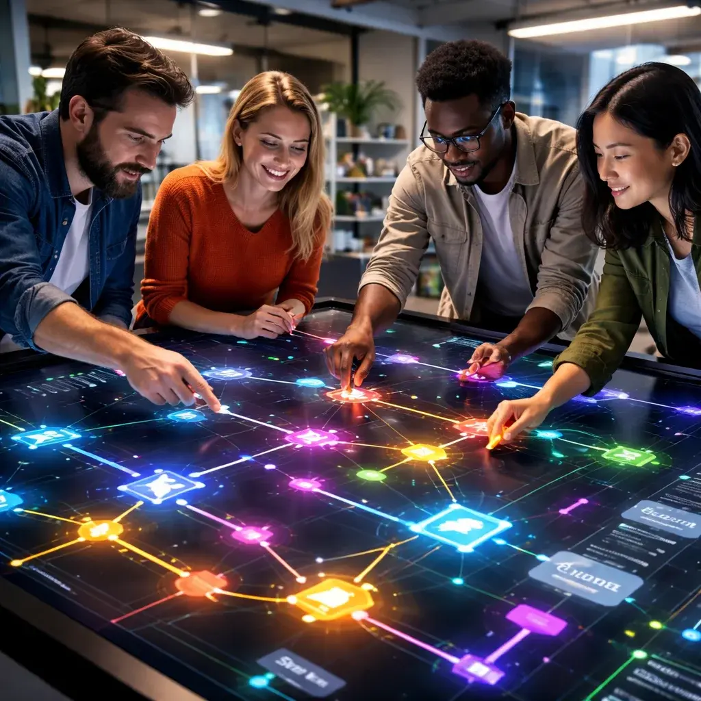 Designers connecting nodes in a visual programming interface