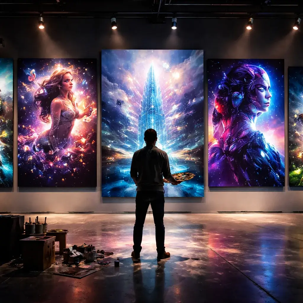 Artist in front of a gallery wall with AI-generated masterpieces