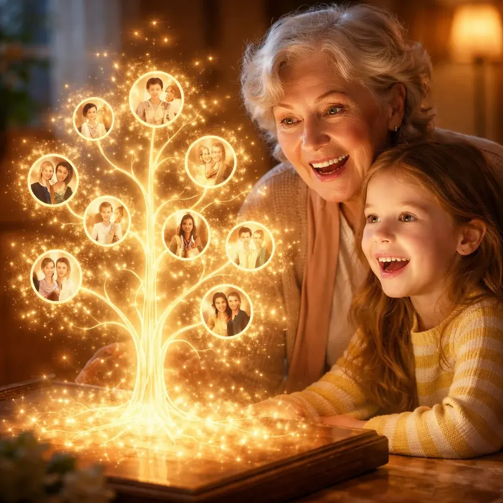 Grandmother and granddaughter exploring a family tree hologram together