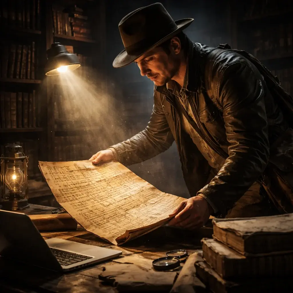 Genealogy researcher discovering an ancient document in a library archive