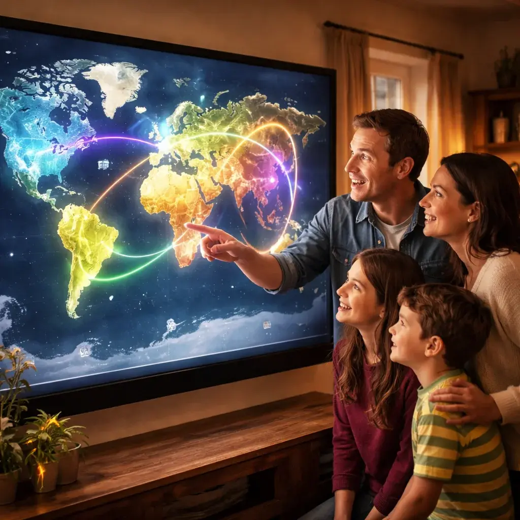 Family discovering their ancestry DNA map spanning continents