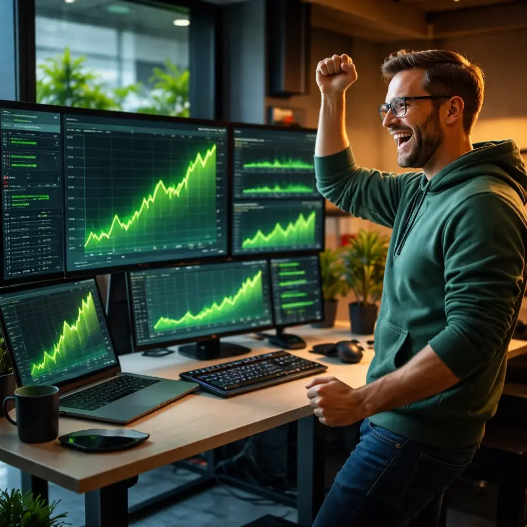 ML engineer celebrating as performance metrics spike upward