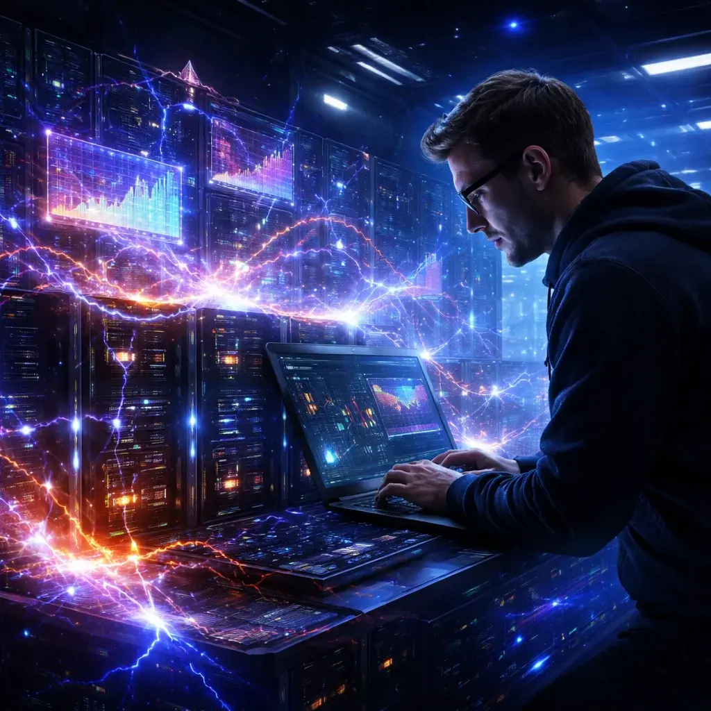 Data scientist running benchmarks on a powerful GPU cluster