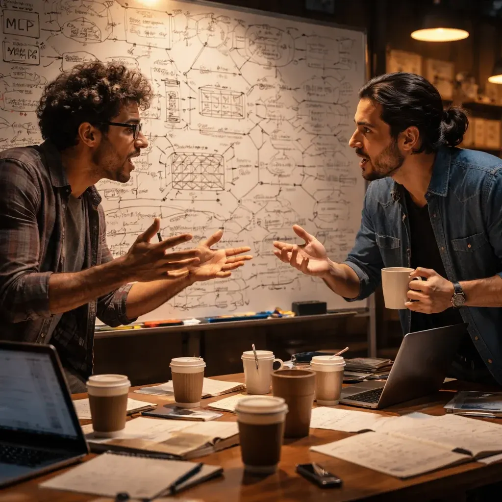 AI researchers debating neural network architectures at a whiteboard