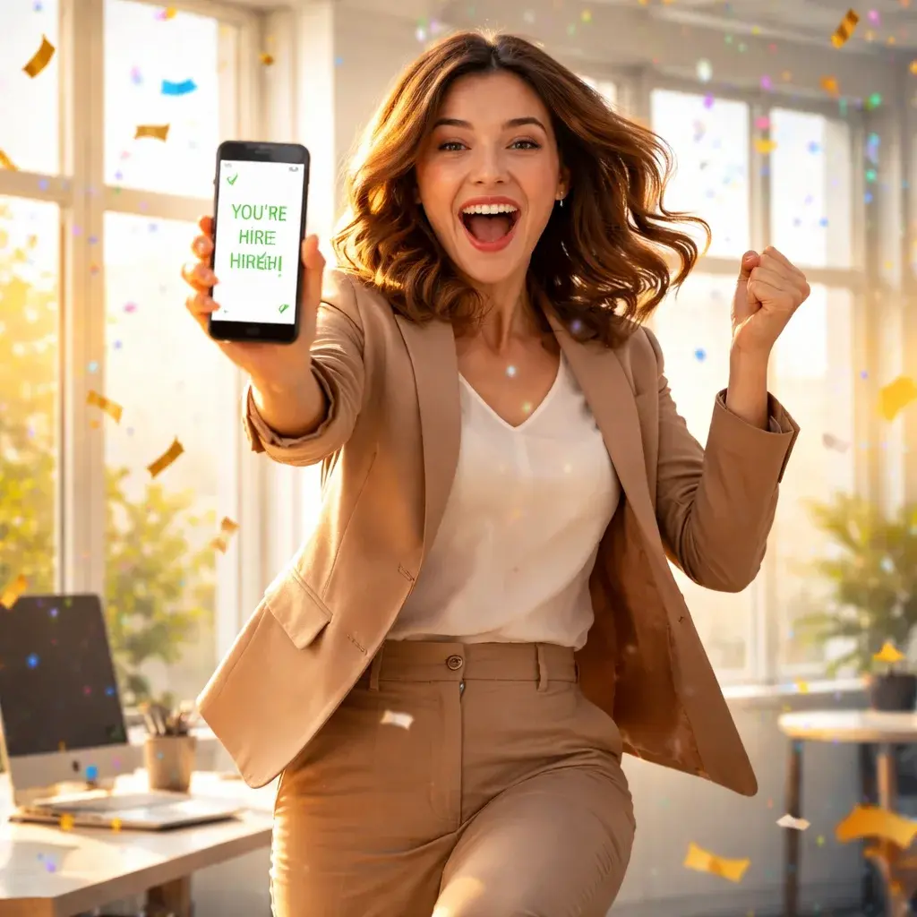 Professional celebrating a job match notification on her smartphone