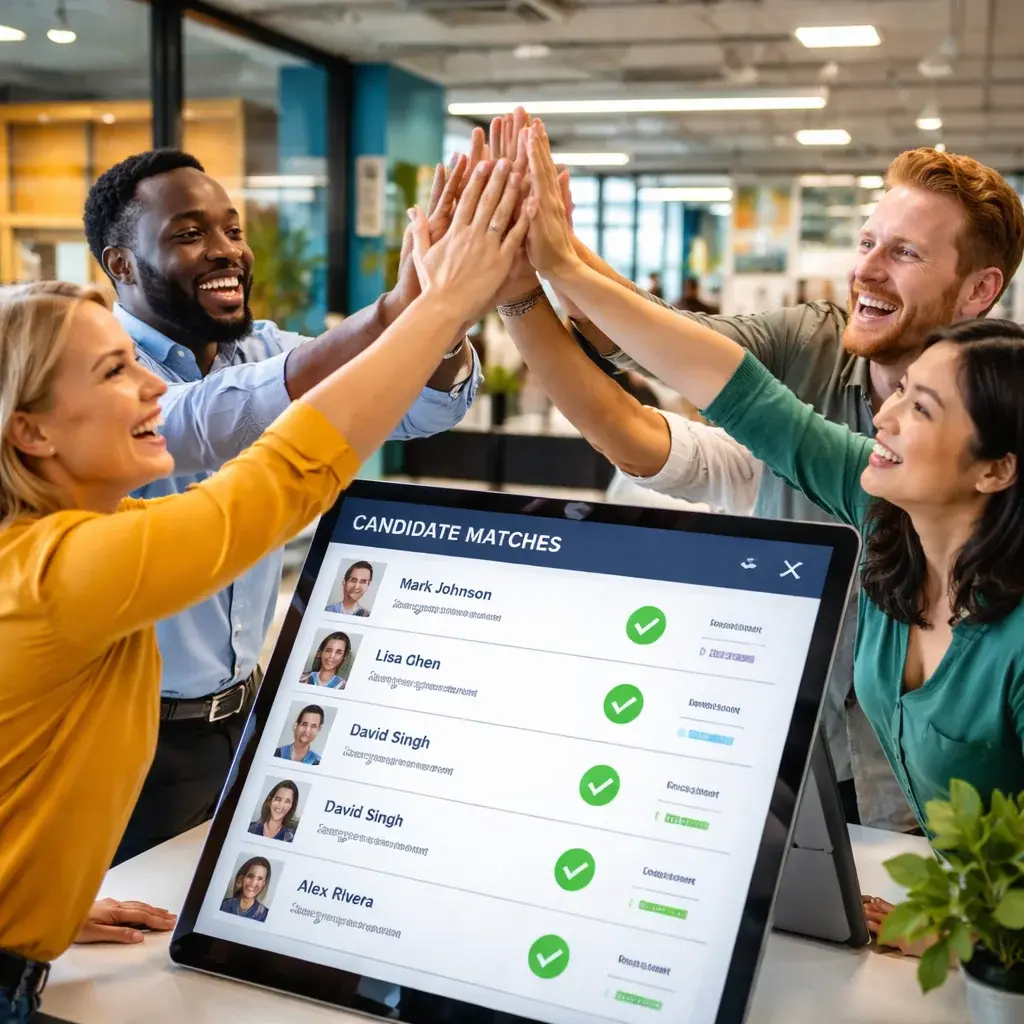 Recruiting team collaborating around a touchscreen display