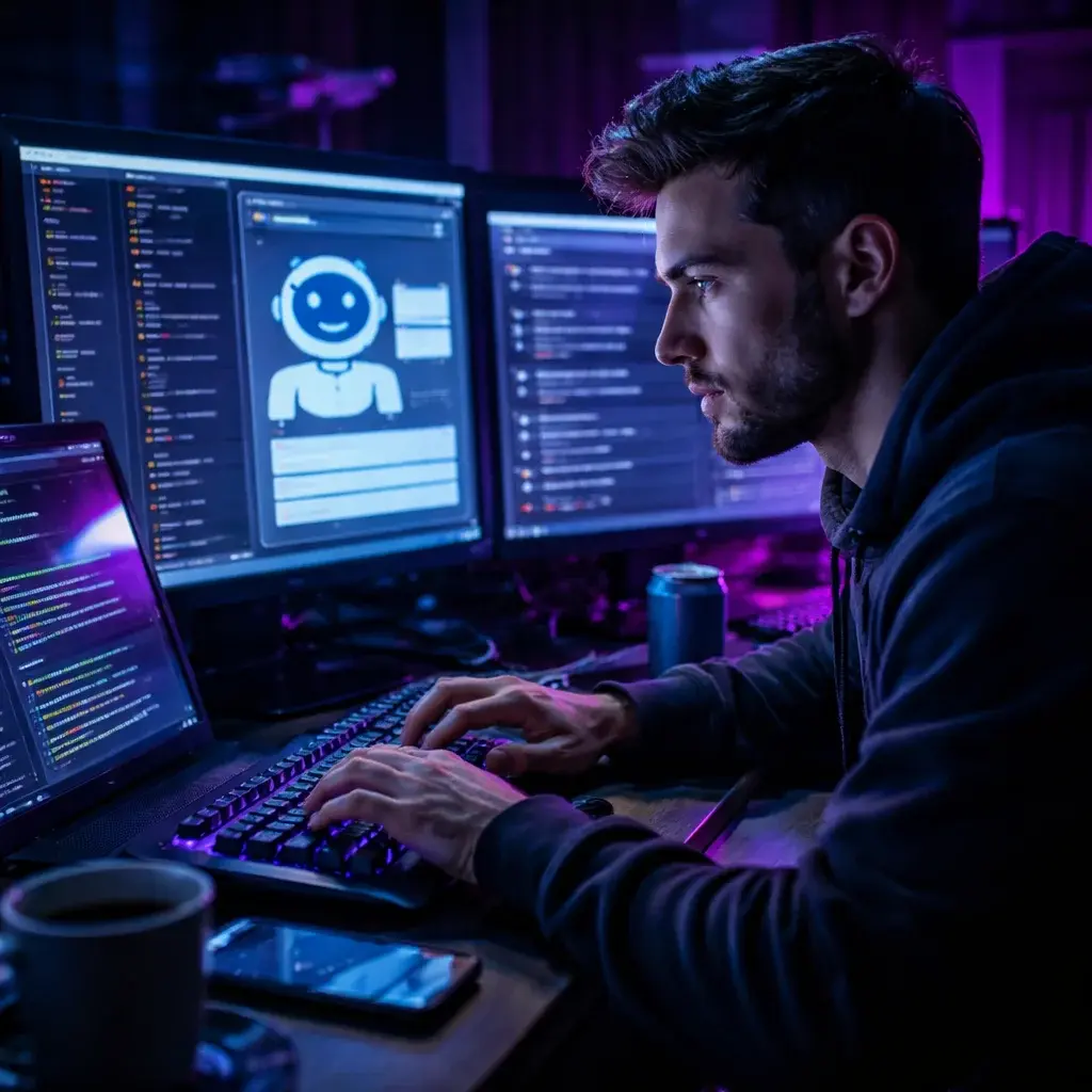 Developer coding an AI chatbot interface late at night