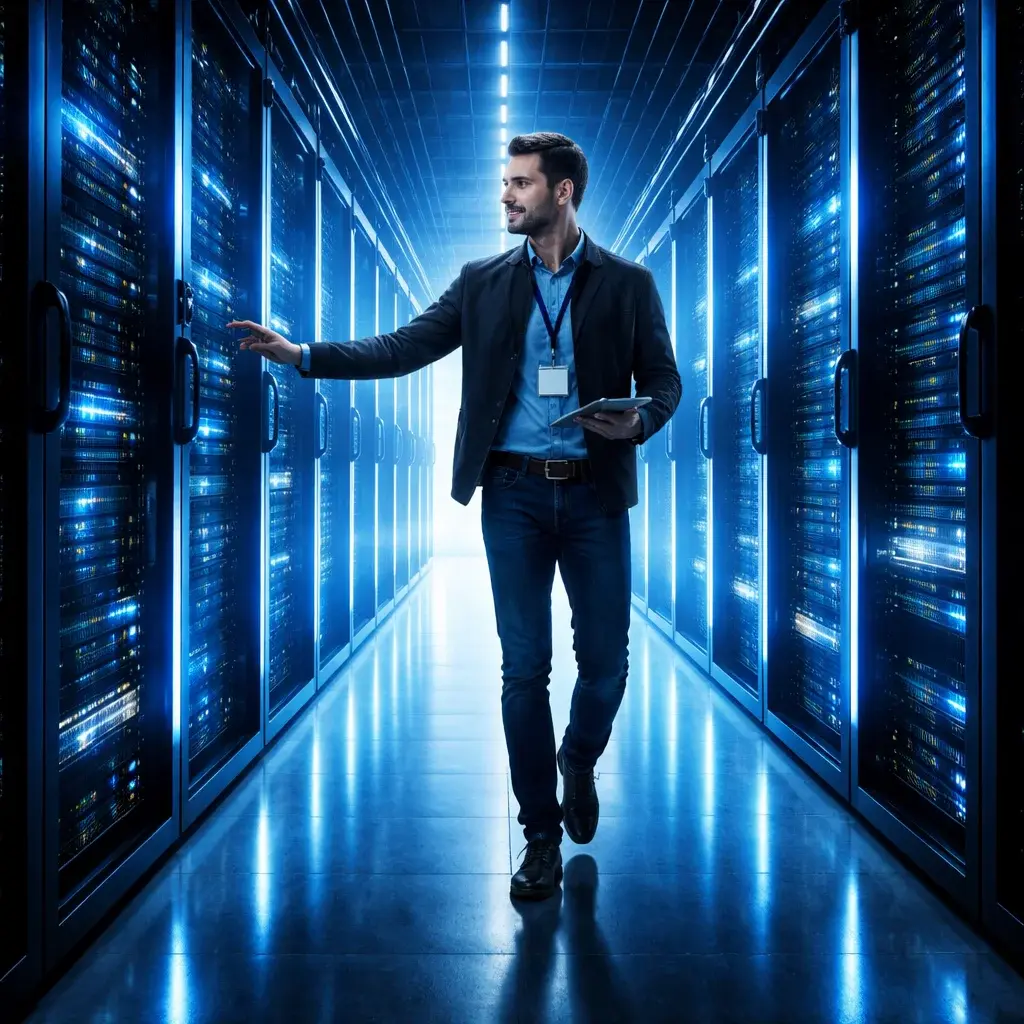 Systems engineer walking through a glowing server room