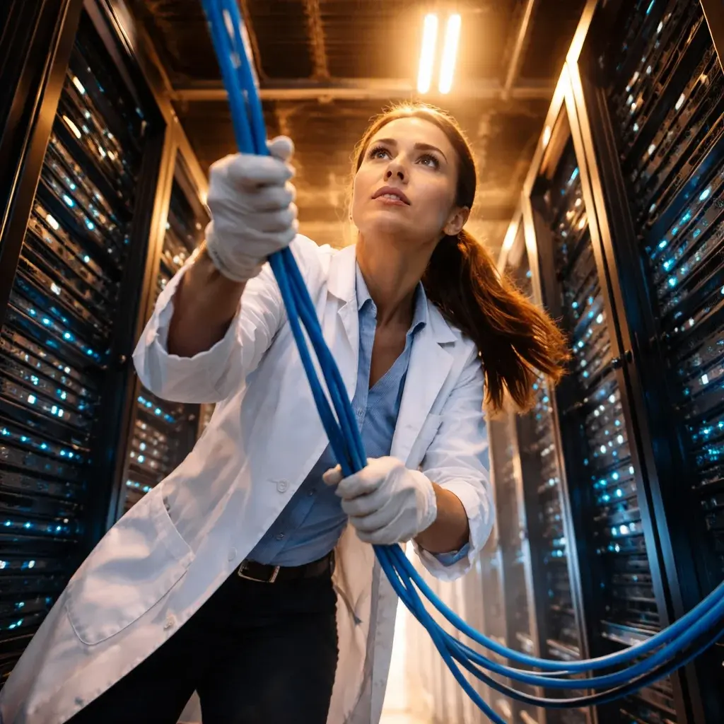 Technician running network cables in a data center