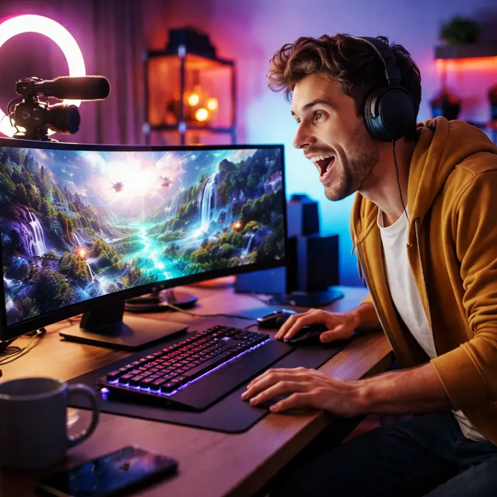 Content creator watching AI-generated video render on an ultrawide monitor