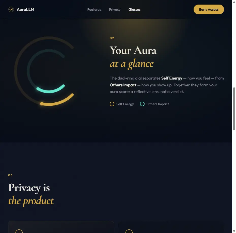 AuraLLM dual-ring energy dial showing Self Energy and Others Impact rings