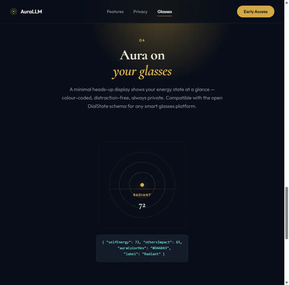 AuraLLM AR glasses HUD preview showing pulsing aura ring and chakra bar overlay