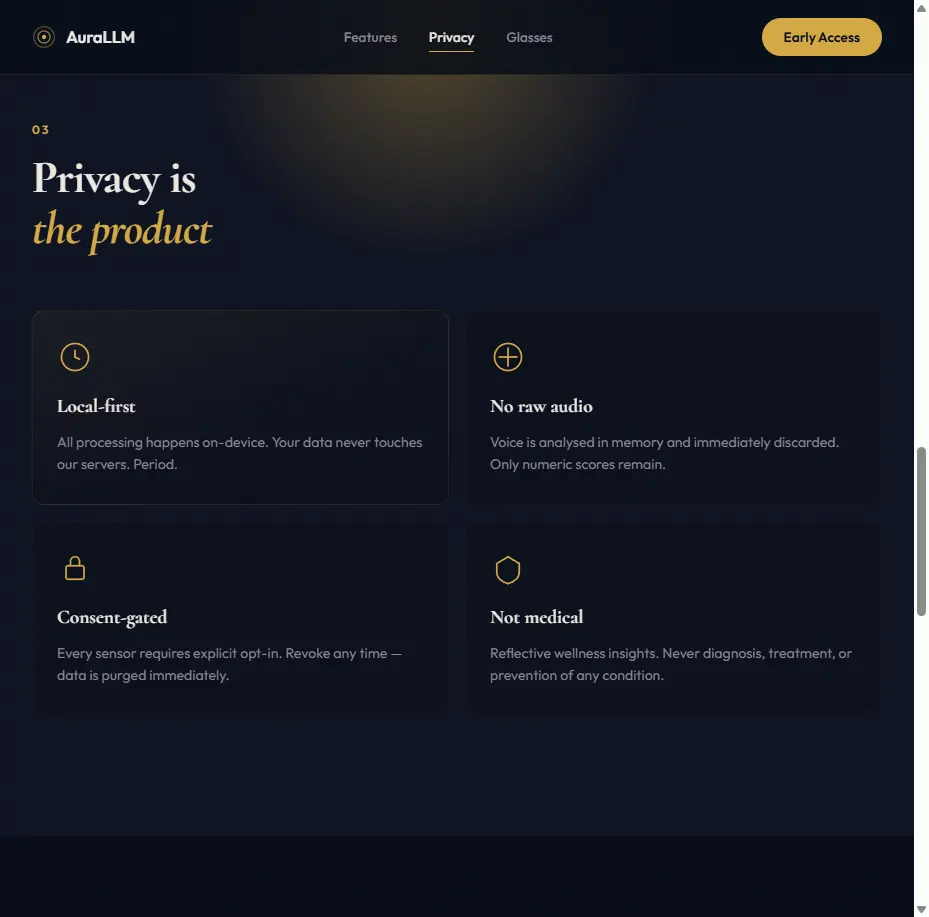 AuraLLM privacy-first architecture showing on-device processing and consent flow