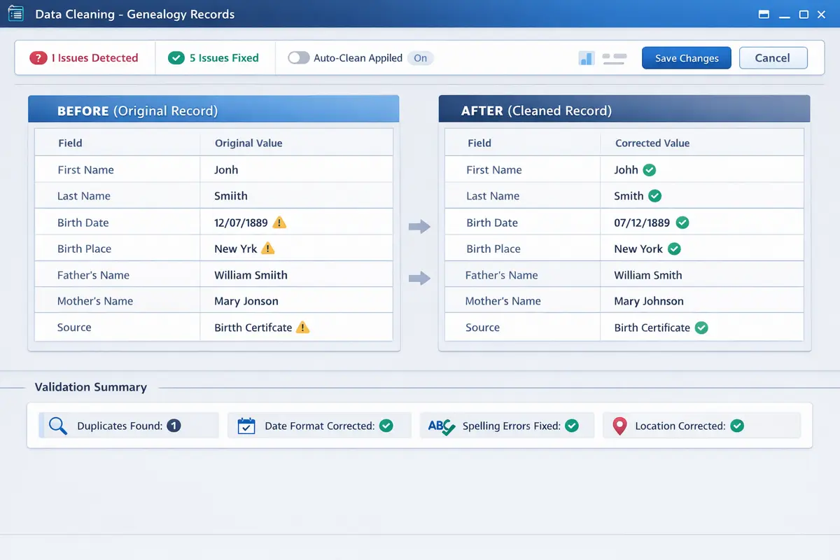 Genealogy data normalization and date parsing pipeline