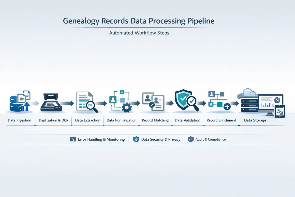 GEDCOM data quality metrics and processing results dashboard