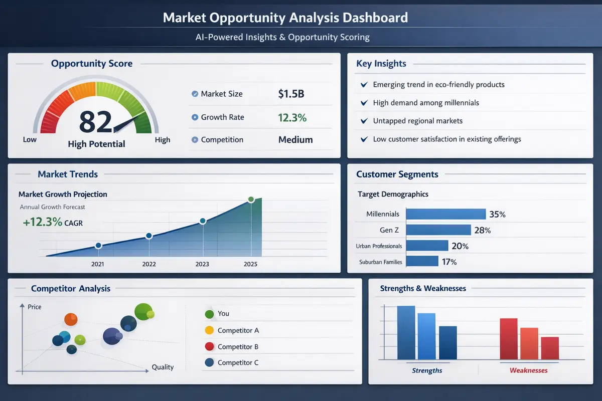Semantic search interface showing natural language opportunity queries with ranked results and trend analytics