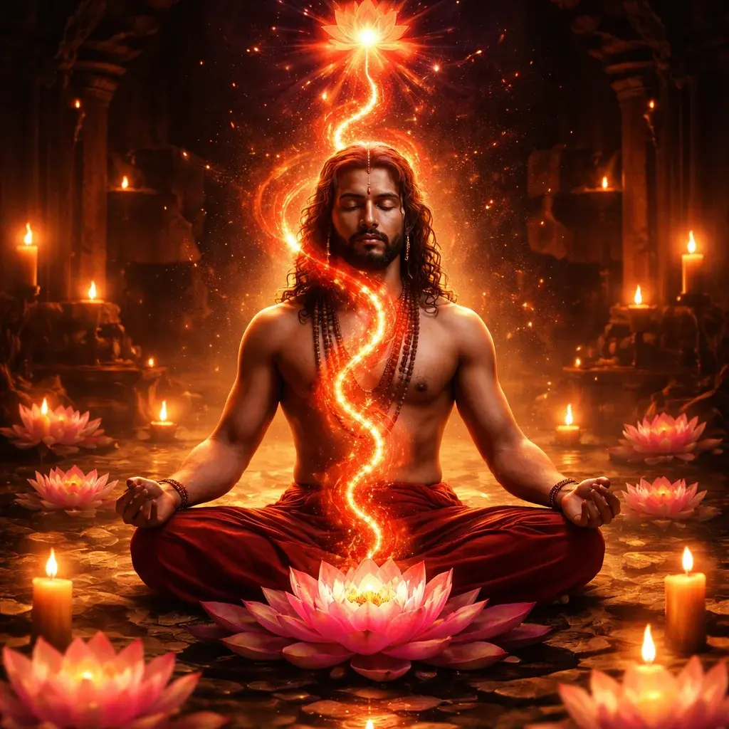 Tantra practitioner with kundalini serpent energy rising in a candlelit temple