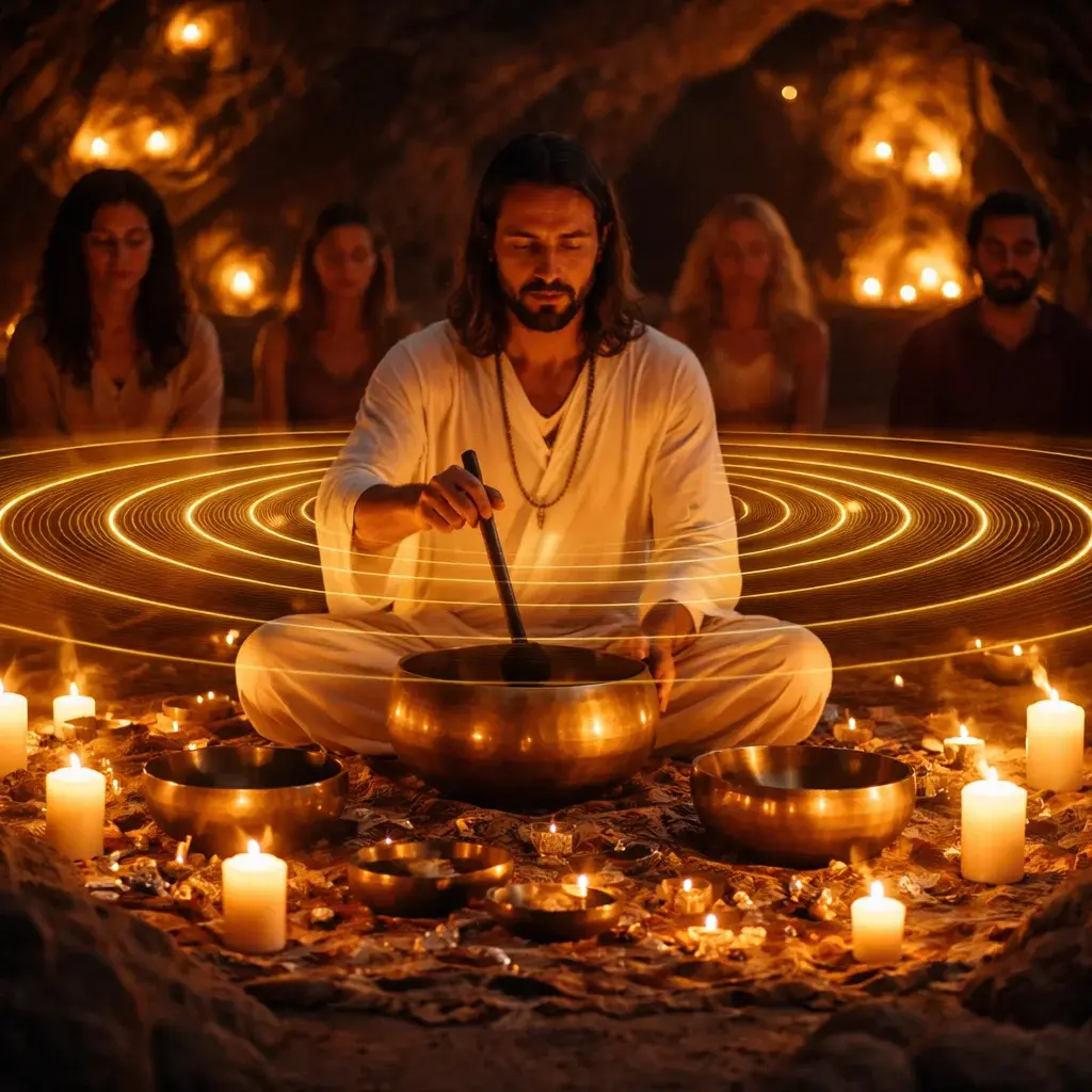 Sound healer playing Tibetan singing bowls in a candlelit cave