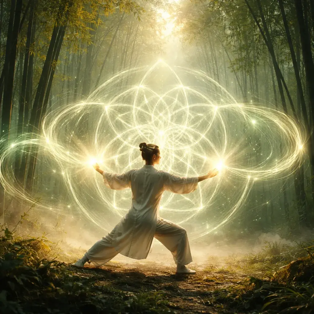 Person practicing tai chi with sacred geometry energy in a bamboo forest