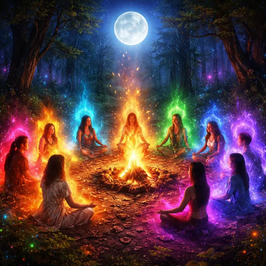 Circle ceremony under a full moon with colorful auras