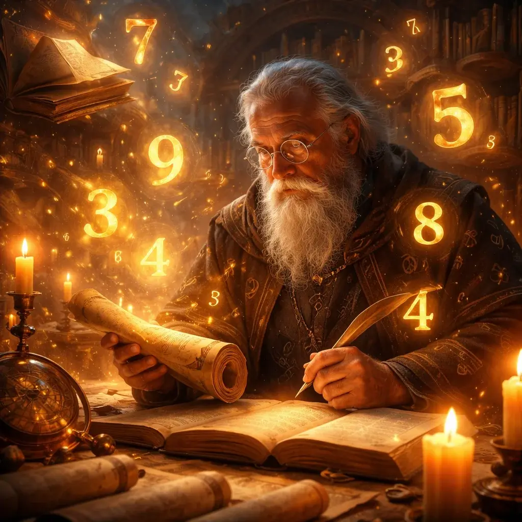 Numerologist studying golden numbers floating in a mystical library