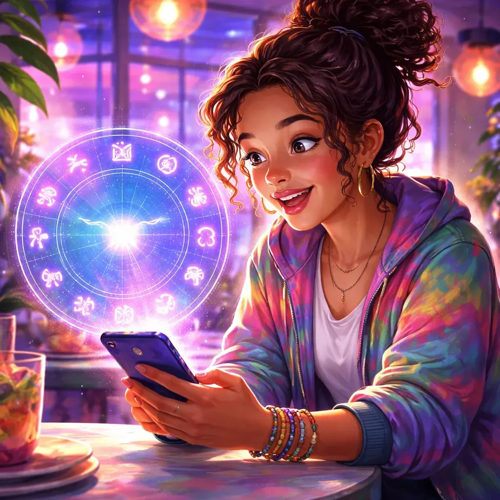 Person checking daily horoscope on a futuristic phone with zodiac hologram