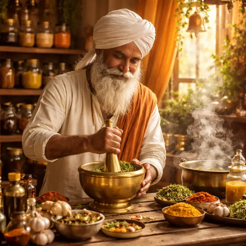 Ayurvedic practitioner mixing healing herbs in a sunlit apothecary