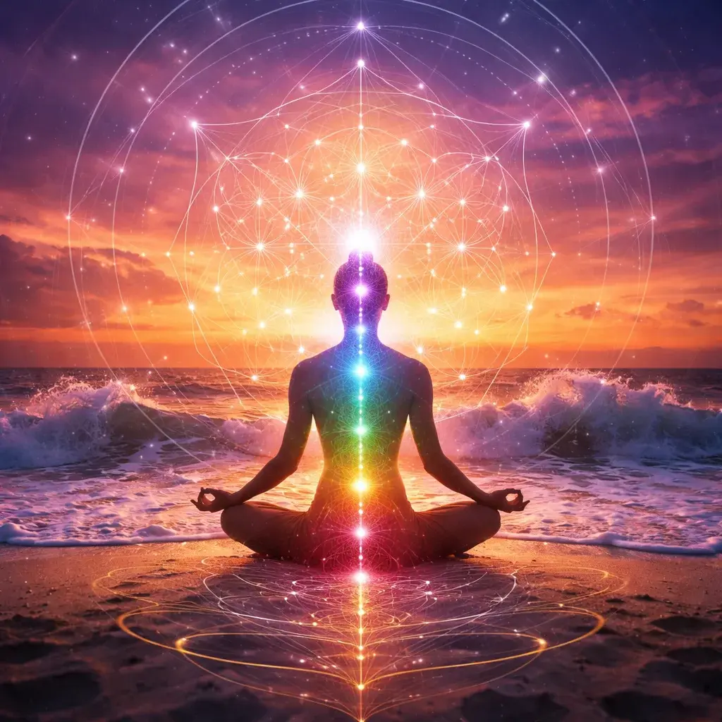 Person doing yoga on a beach with luminous energy body visible