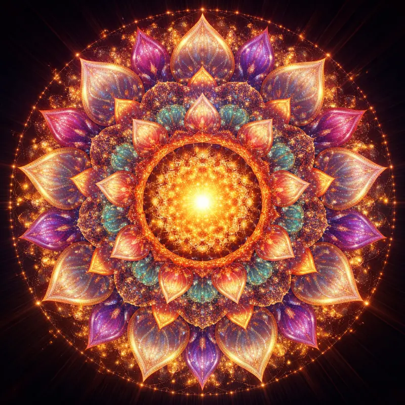 Mandala spiritual meditation artwork in DMT neon aesthetic