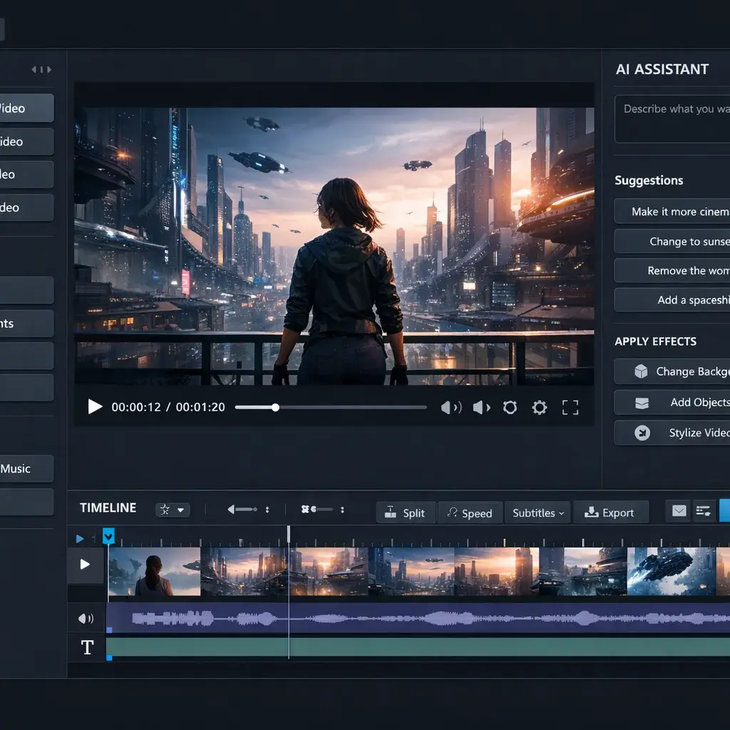 Video assembly timeline showing narration synchronization, transitions, and overlay compositing